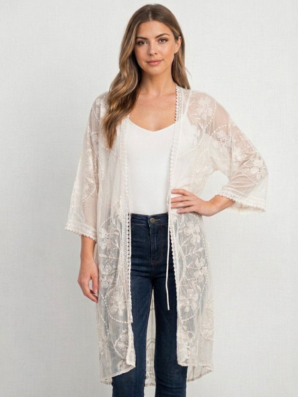 Forgotten Grace Ivory Lace Mesh Embroidered Duster Kimono Cardigan Boho L XL